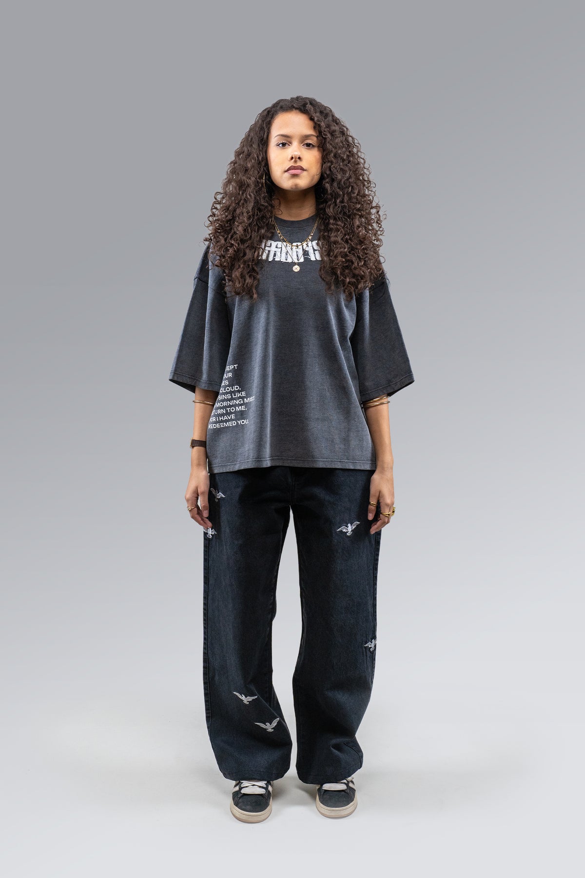 Female model wearing Patch Tee, front view