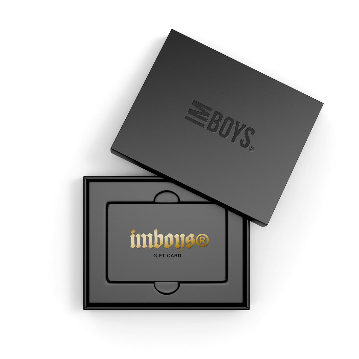 A black gift card with the 'Imboys' brand logo in gold lettering, placed in a black box with a 'IMBOYS' logo on the top.