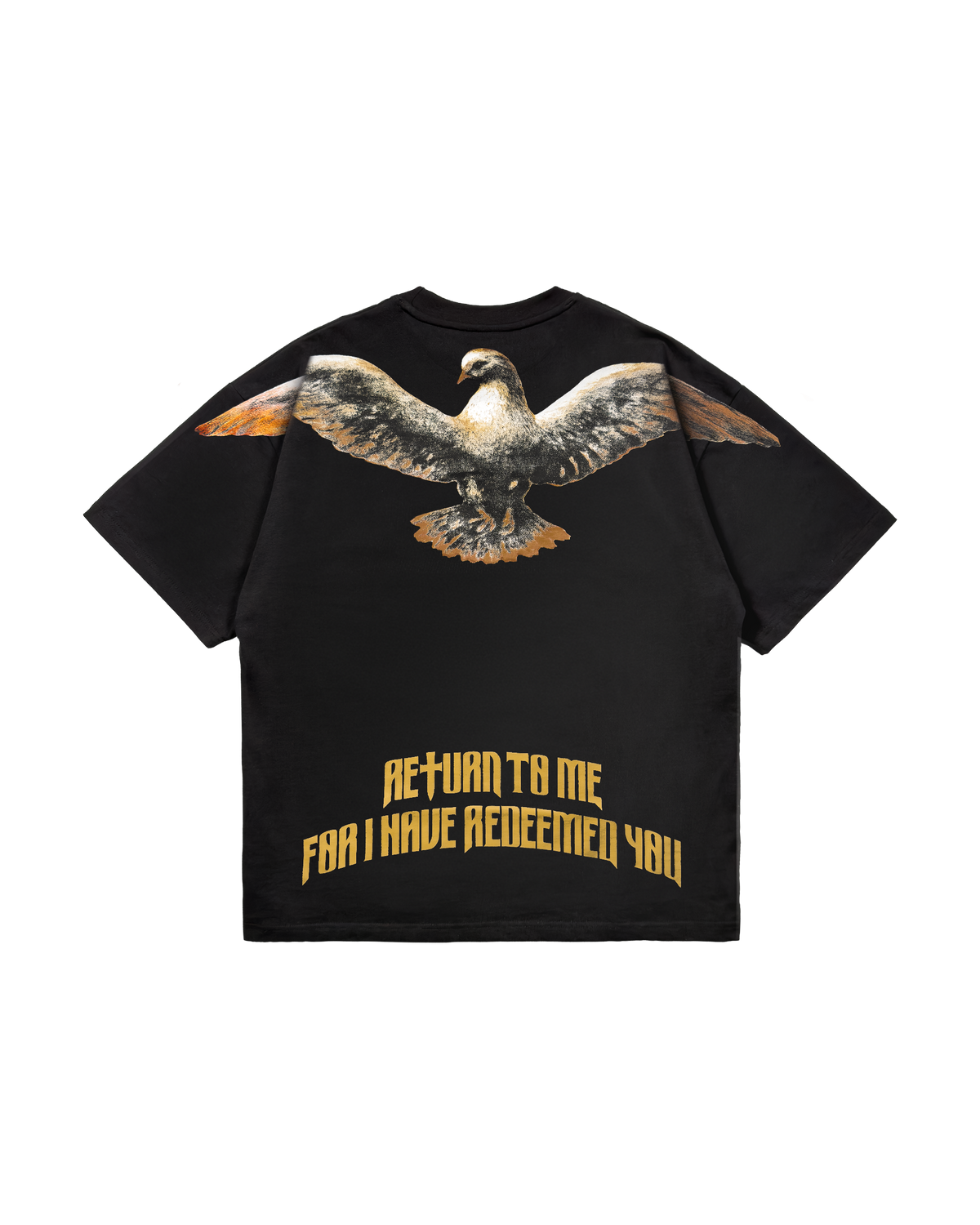 Black t-shirt with an dove design and text on a white background