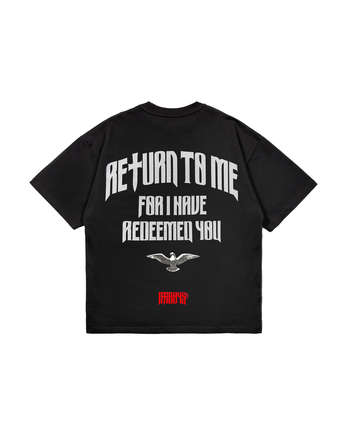 Black t-shirt with white text and red logo on a white background