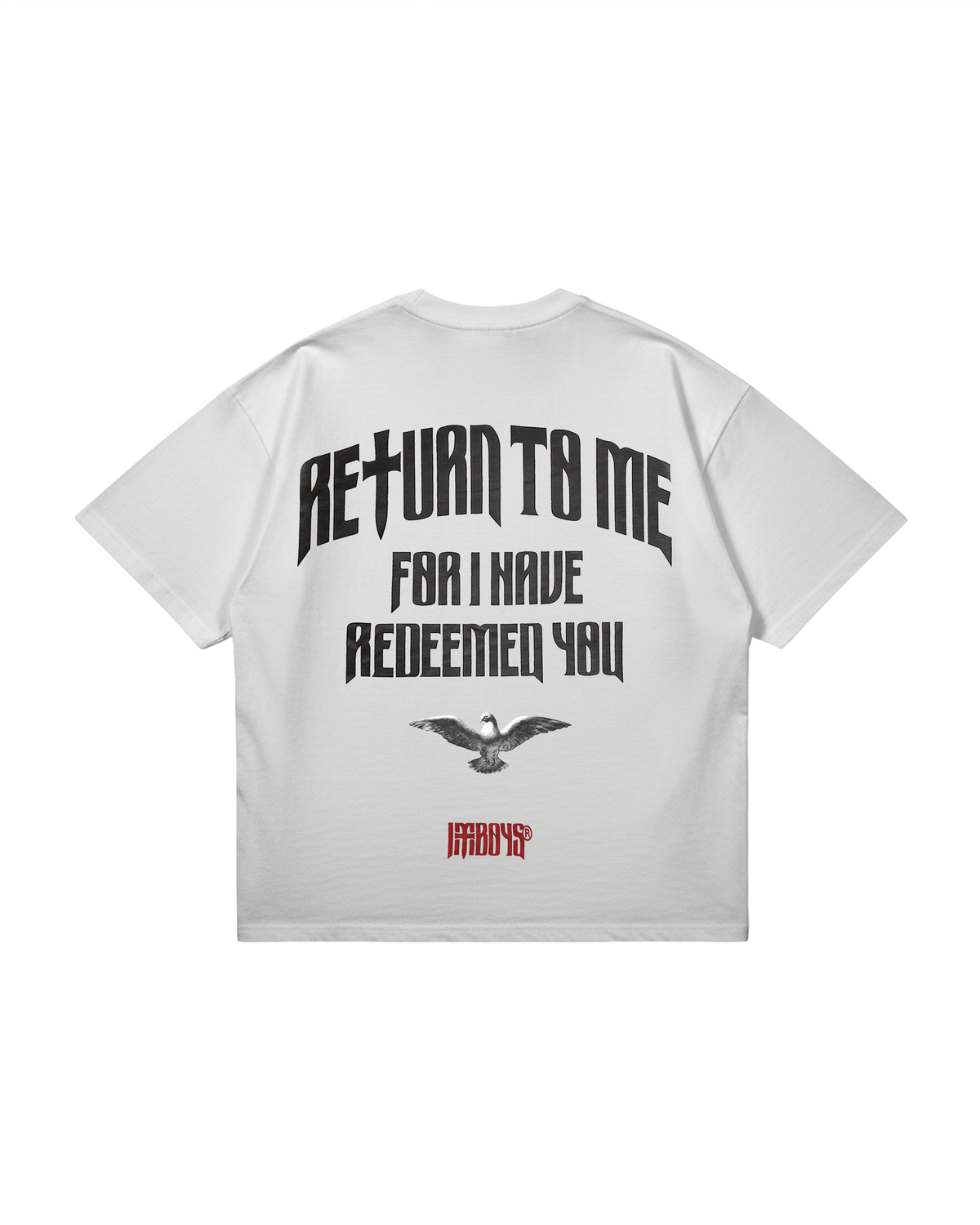 White t-shirt with black text and a logo on the back, displayed against a white background.