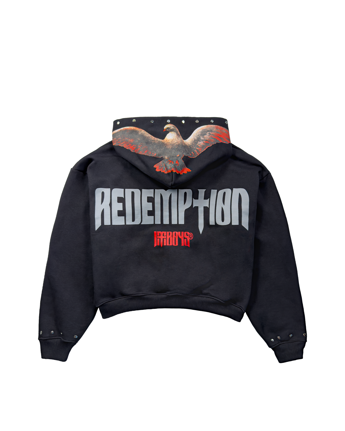 Black hoodie with 'Redemption' text and eagle design on the back, on a white background