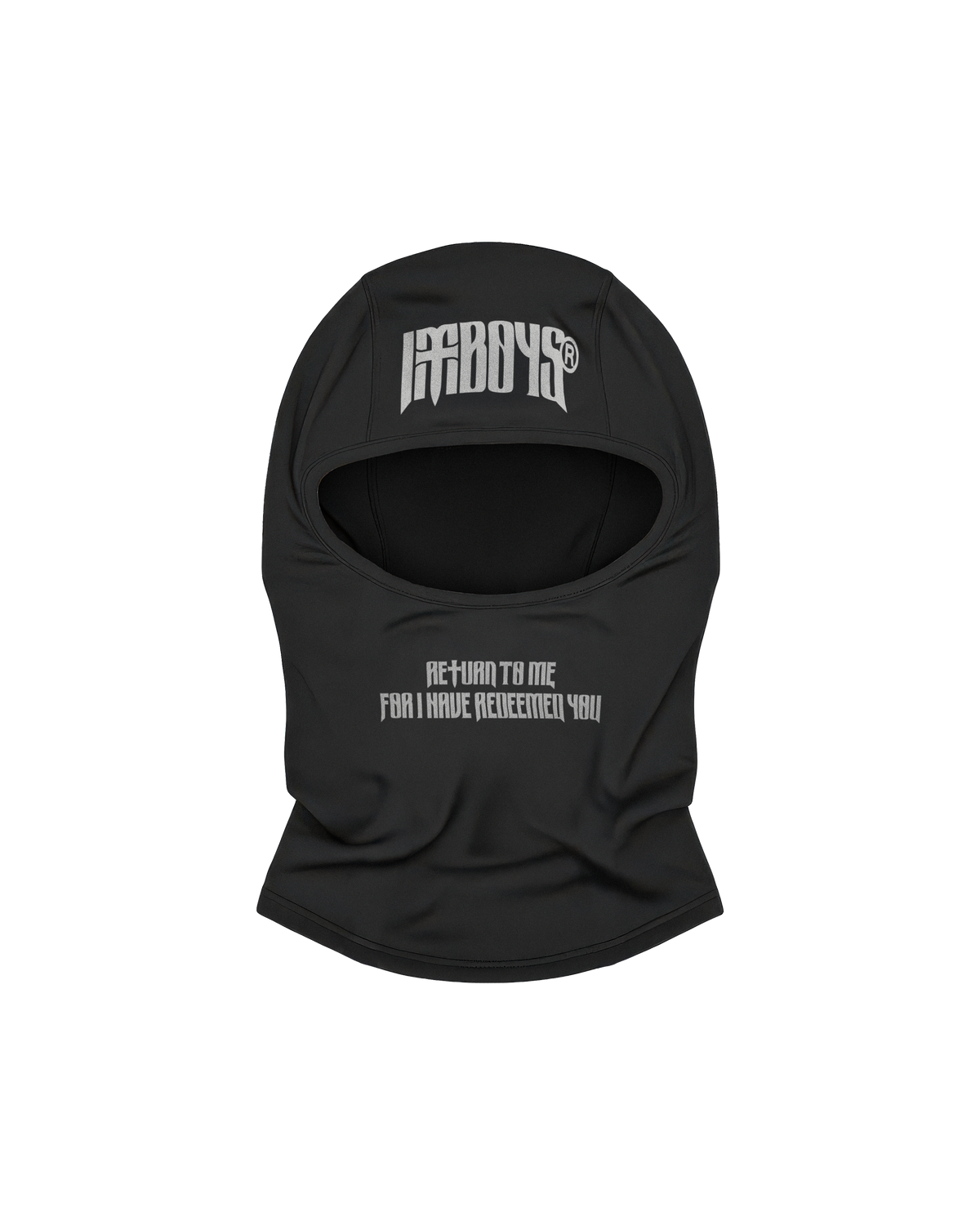 Black hooded balaclava with text on a white background